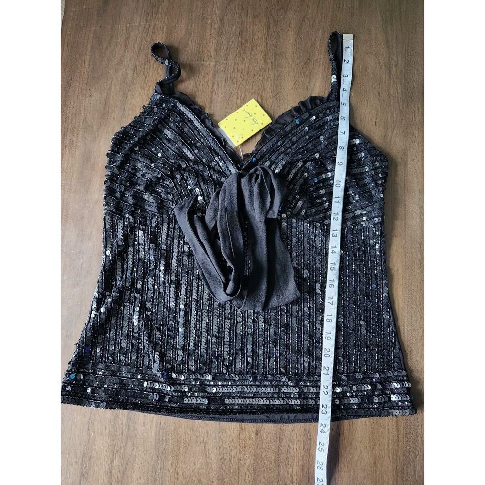 NWT Luisa Spagnoli Women's Black Sequin Cami Tank Top With Ruffles Bow Sheer L - Picture 5 of 7